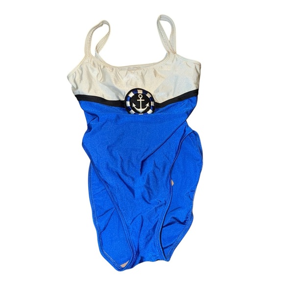 La Blanca Blue and Cream Nautical One Piece Swimsuit - Picture 2 of 5